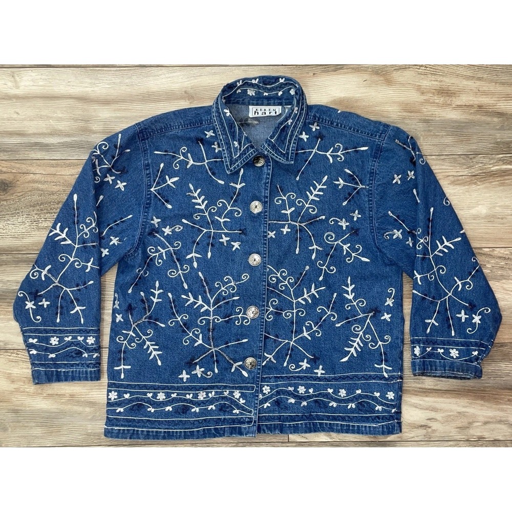VTG Keren Hart Patchwork Denim Jacket Women's XL Blue Embroidered